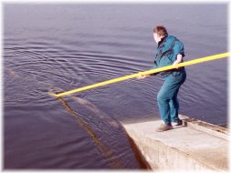 Manipulation with the floating tree trunk close to the inlet filter of the water power station Nove Mlyny (CZ).